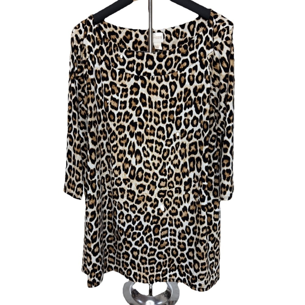 Chico's Top Women's Size 3 XL Black Tan Leopard Animal Print Short Sleeve Flowy